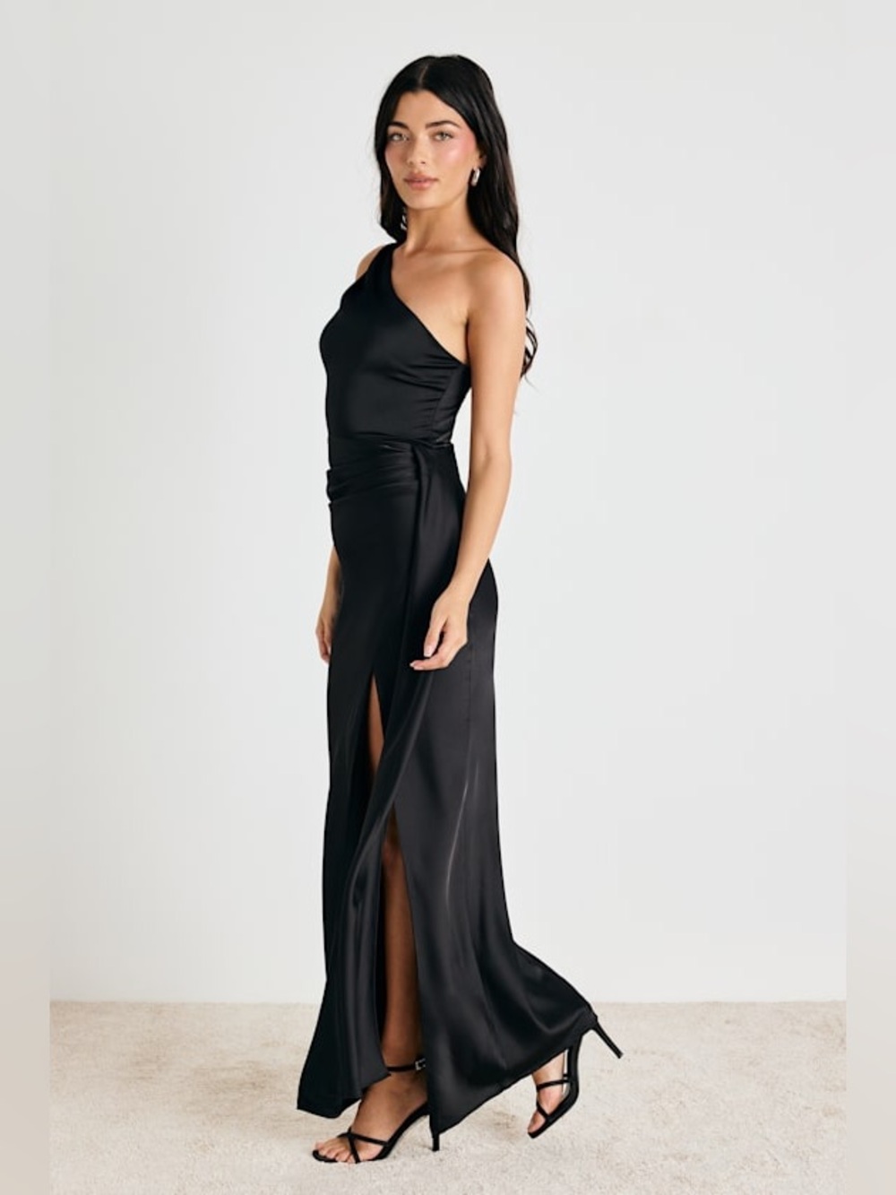 Lulus Signature Elegance Black Satin One-Shoulder Maxi Dress Size XL NWT - Picture 4 of 14